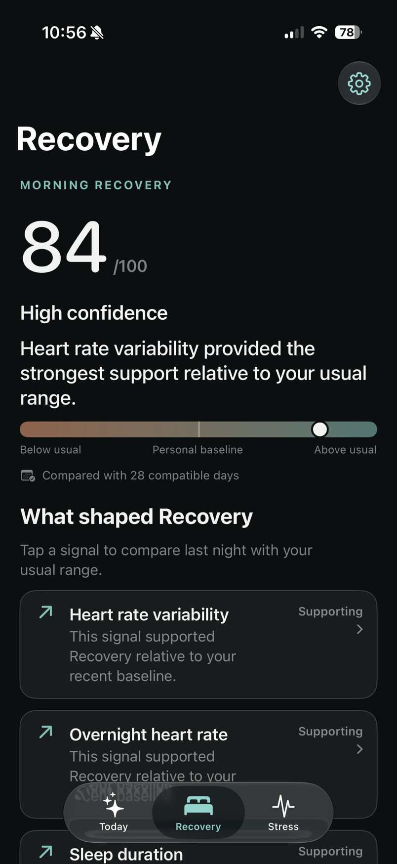 BodyReserve Recovery screen showing the score, confidence, personal-baseline position and supporting signals on iPhone