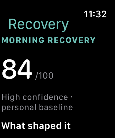 BodyReserve Apple Watch Recovery screen showing the morning score, confidence and personal-baseline context